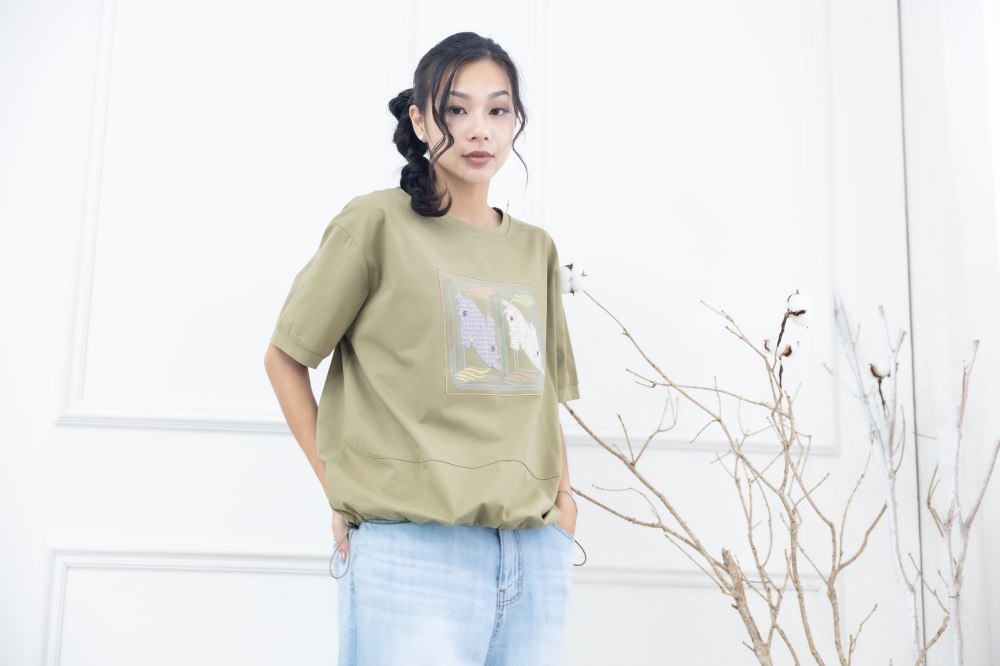 반팔 藝術畫框下擺抽繩上衣 / 綠色