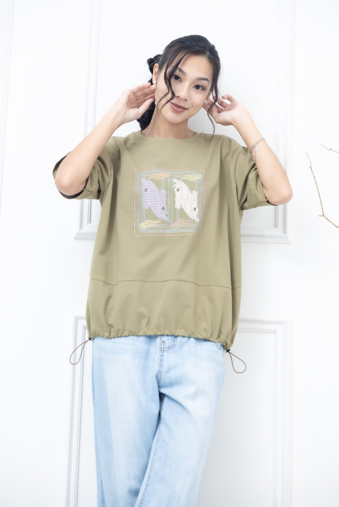 반팔 藝術畫框下擺抽繩上衣 / 綠色