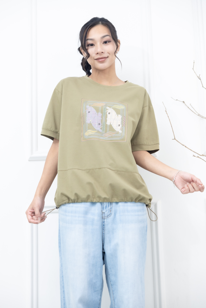 반팔 藝術畫框下擺抽繩上衣 / 綠色