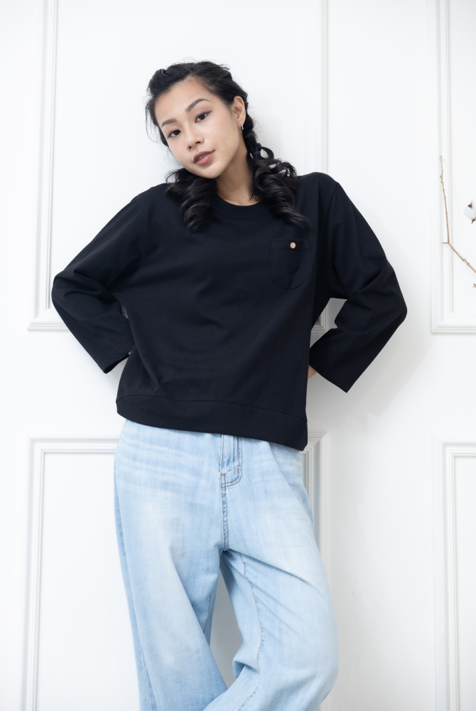 반팔 假口袋異材質拼接抽繩上衣 / 黑色