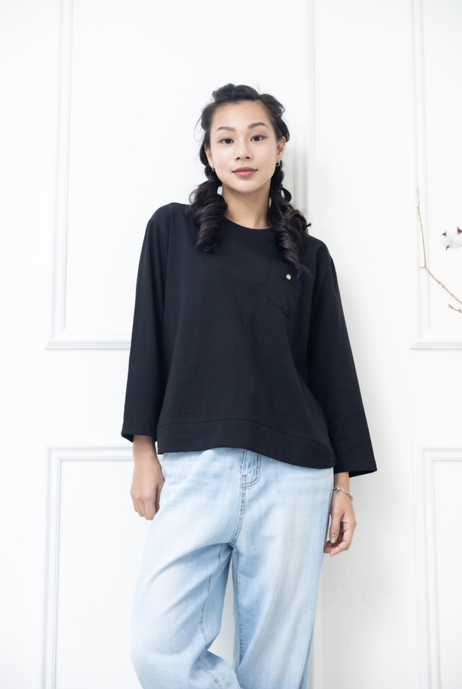 반팔 假口袋異材質拼接抽繩上衣 / 黑色