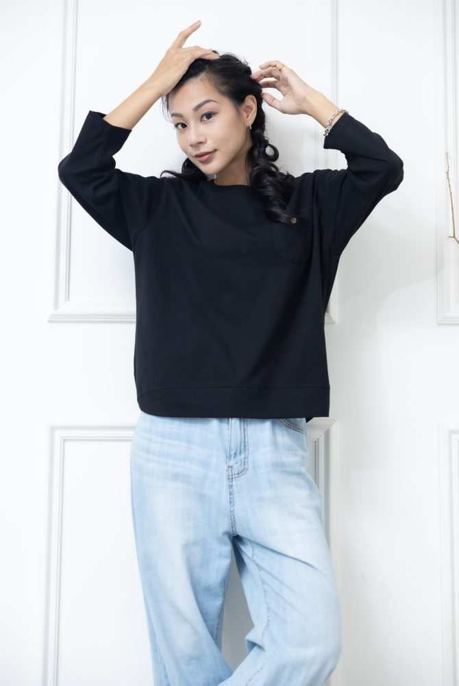 반팔 假口袋異材質拼接抽繩上衣 / 黑色