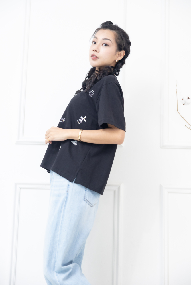 반팔 歐洲小插畫短袖上衣 / 黑色