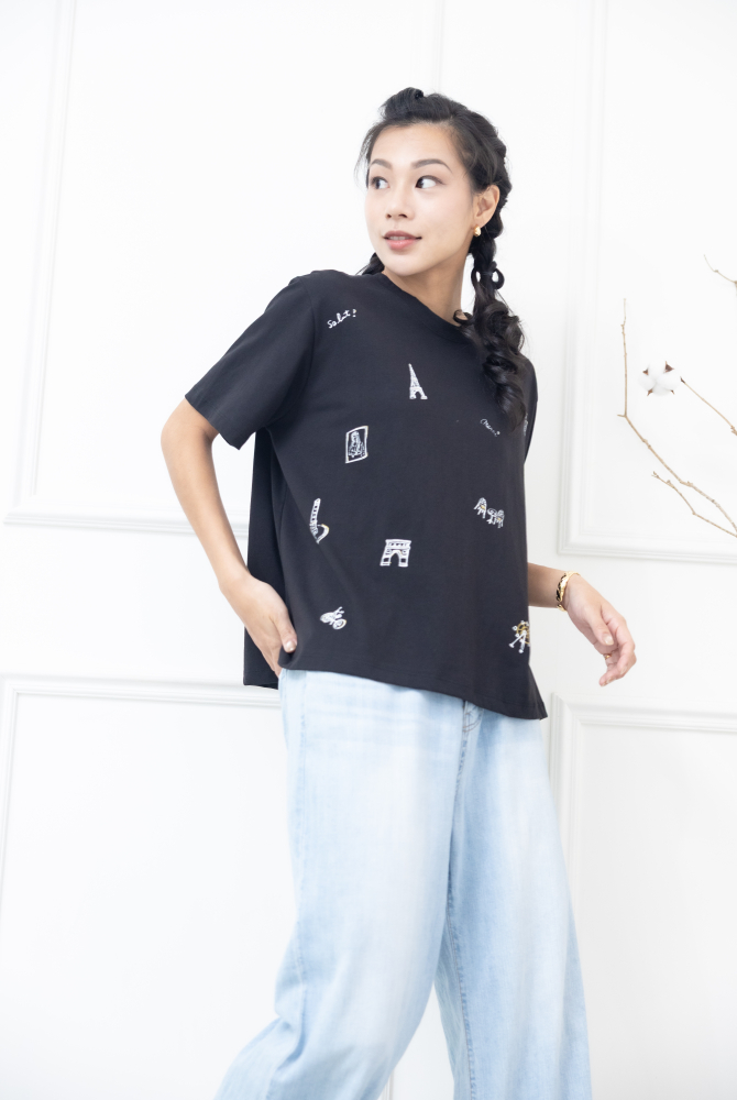 반팔 歐洲小插畫短袖上衣 / 黑色