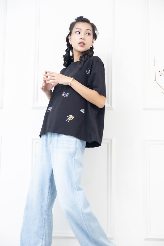 반팔 歐洲小插畫短袖上衣 / 黑色