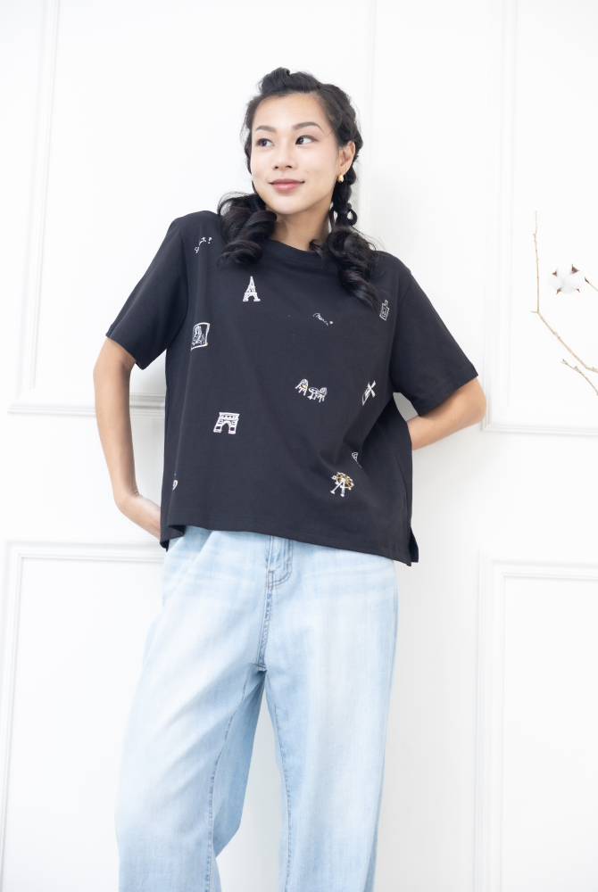 반팔 歐洲小插畫短袖上衣 / 黑色