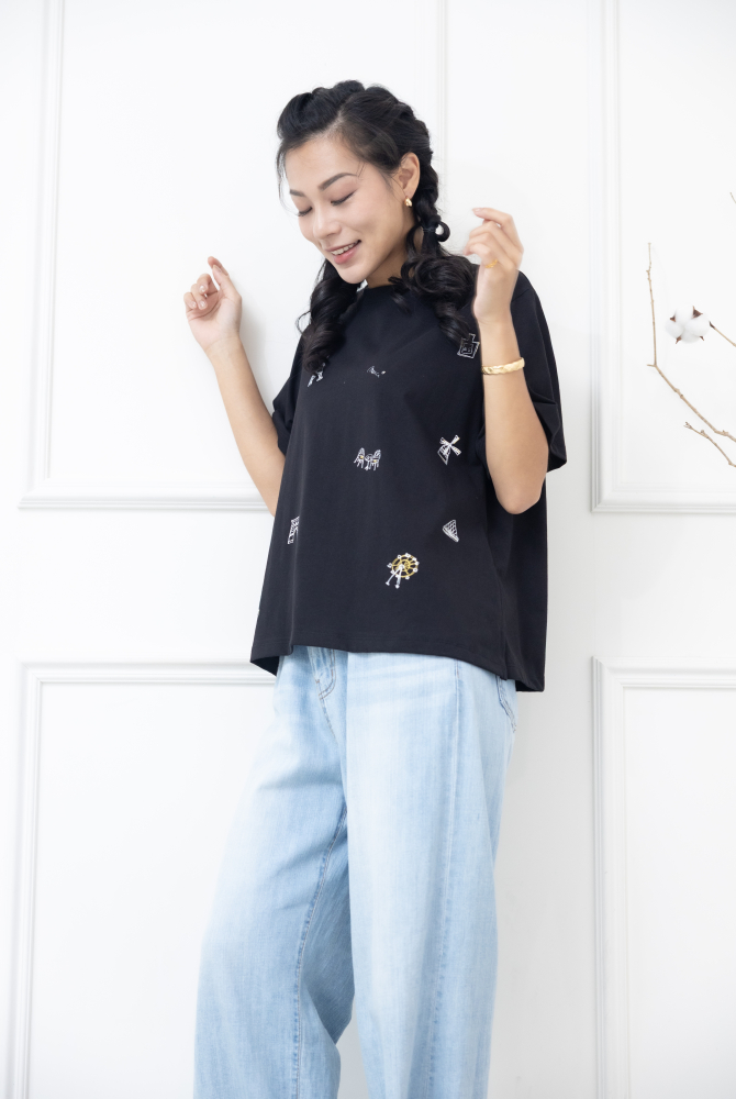 반팔 歐洲小插畫短袖上衣 / 黑色