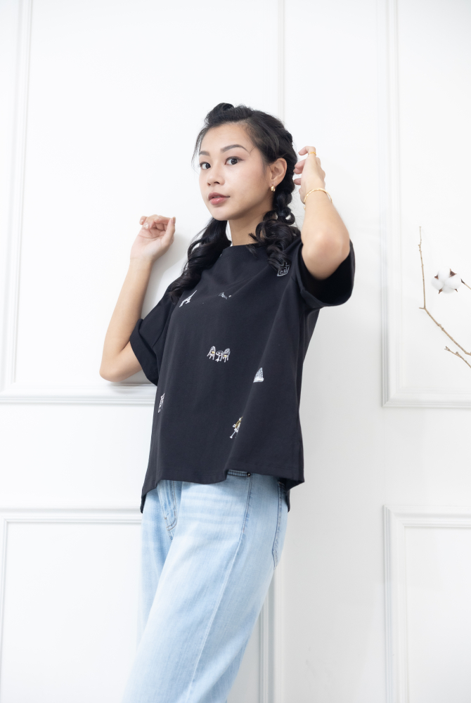 반팔 歐洲小插畫短袖上衣 / 黑色