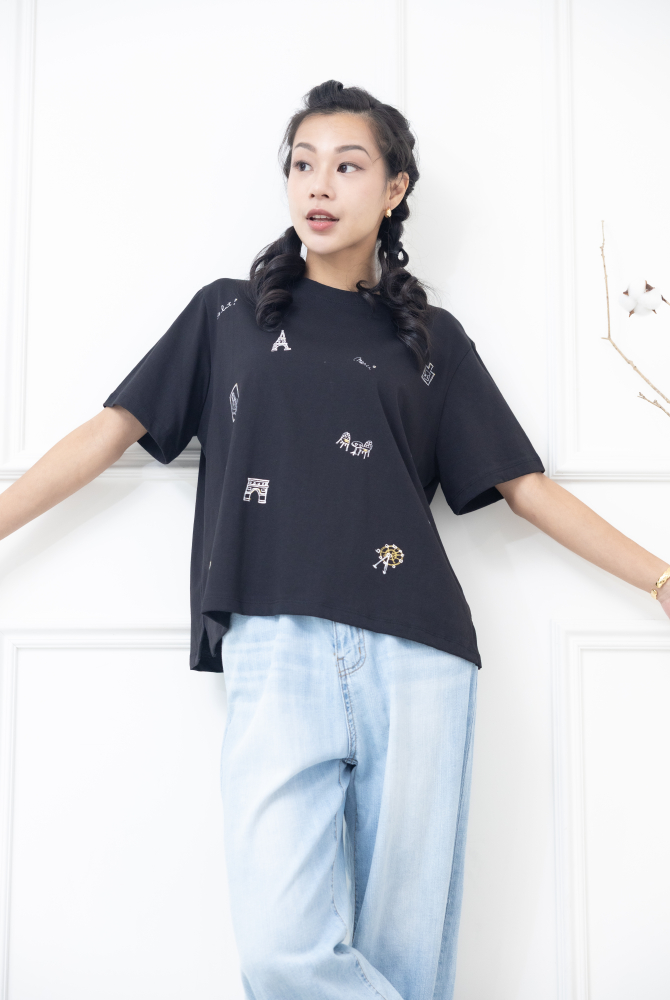 반팔 歐洲小插畫短袖上衣 / 黑色