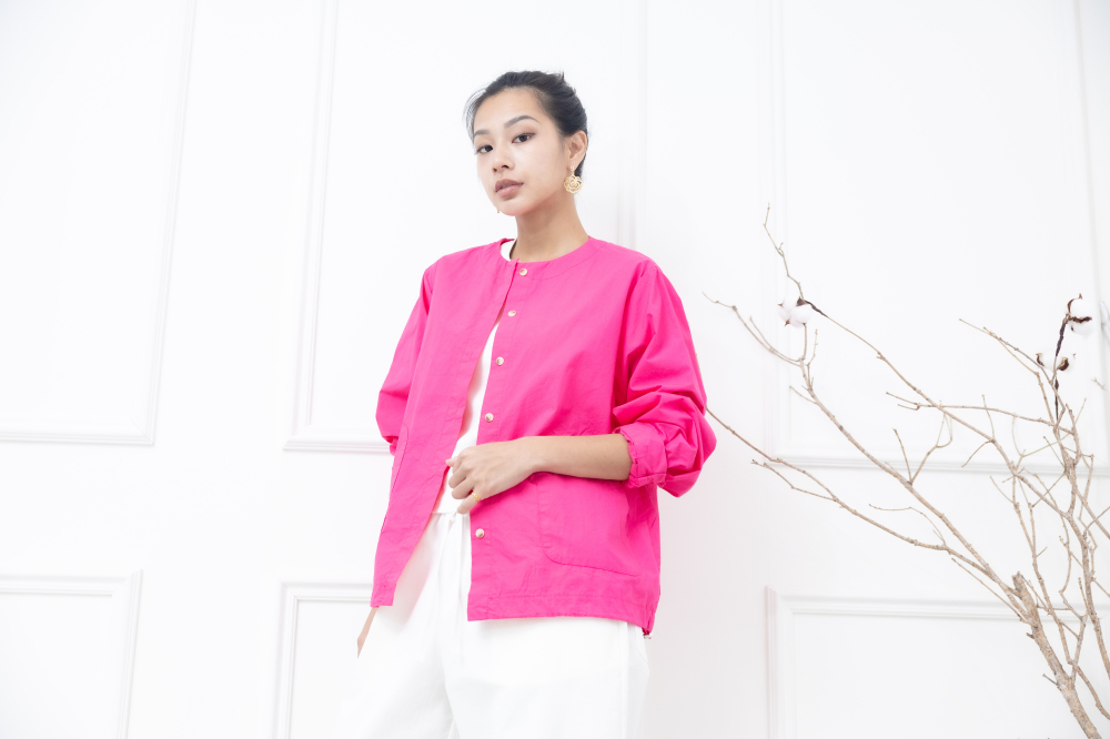 긴팔 素面下擺抽繩長袖襯衫 / 粉色