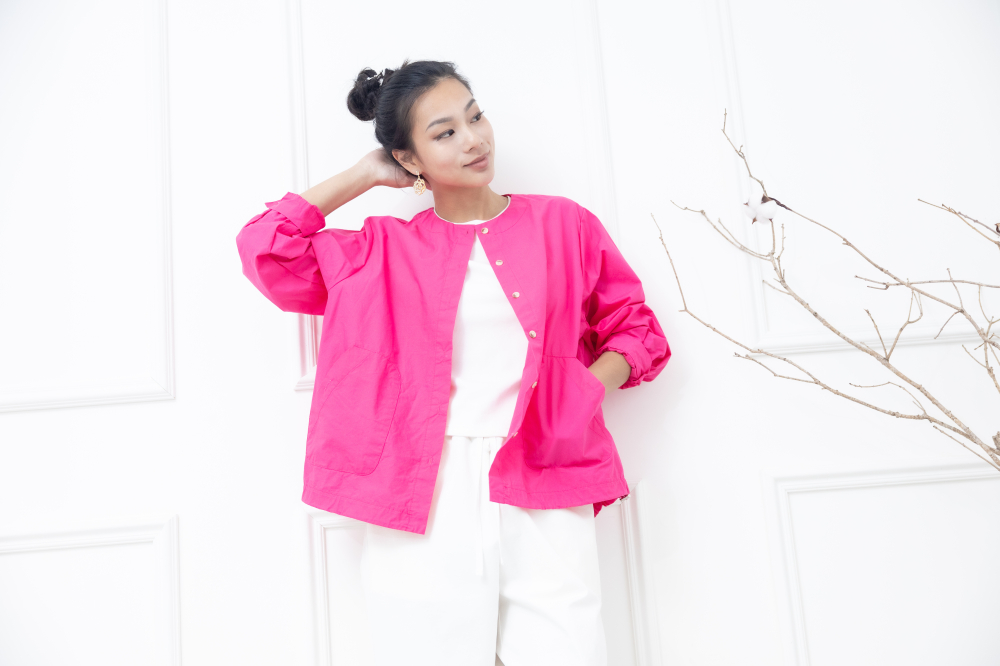 긴팔 素面下擺抽繩長袖襯衫 / 粉色