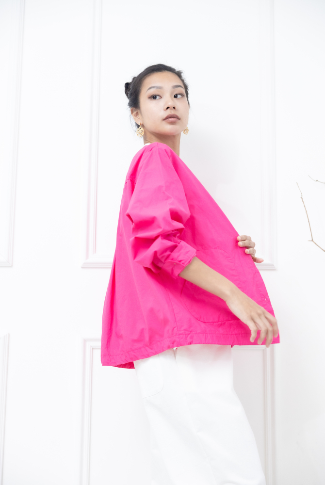 긴팔 素面下擺抽繩長袖襯衫 / 粉色