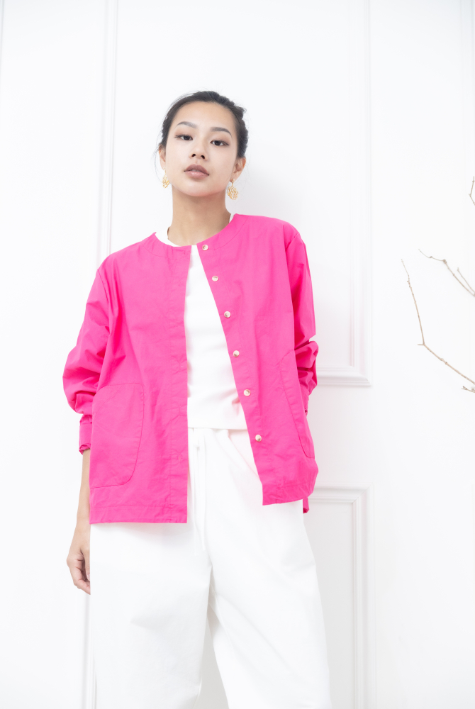 긴팔 素面下擺抽繩長袖襯衫 / 粉色