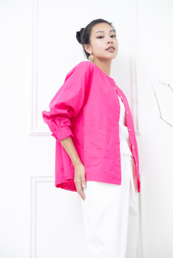 긴팔 素面下擺抽繩長袖襯衫 / 粉色