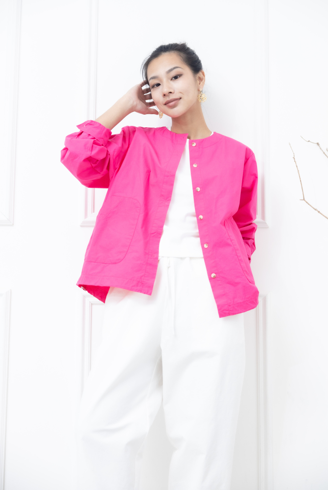 긴팔 素面下擺抽繩長袖襯衫 / 粉色