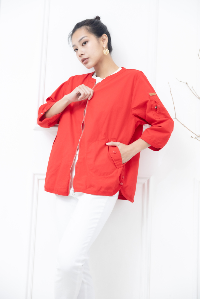 코트 圓環拉鍊皮革標七分袖外套 / 紅色