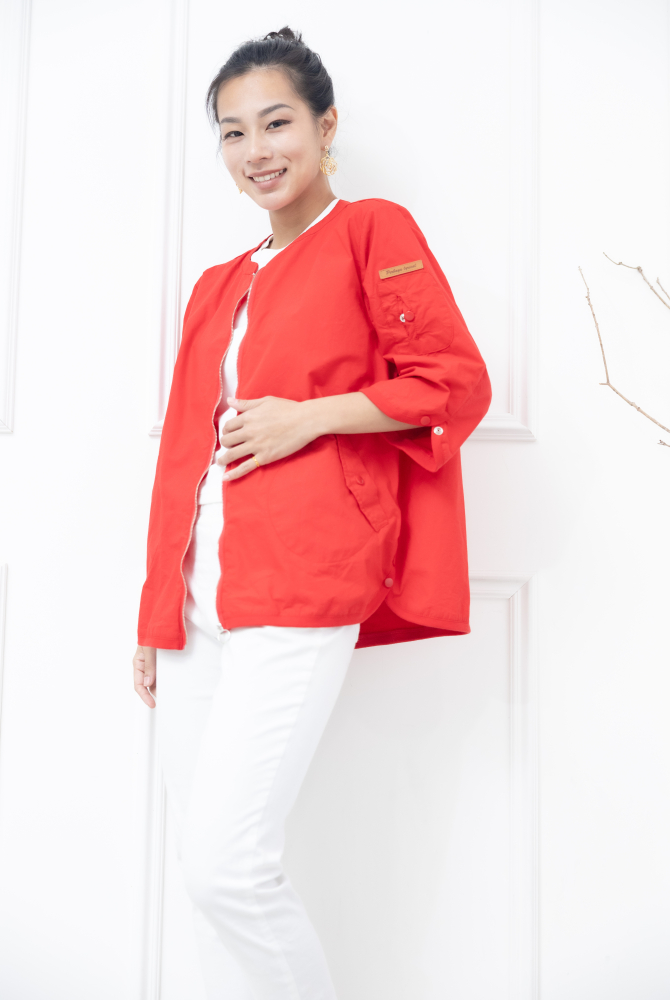 코트 圓環拉鍊皮革標七分袖外套 / 紅色