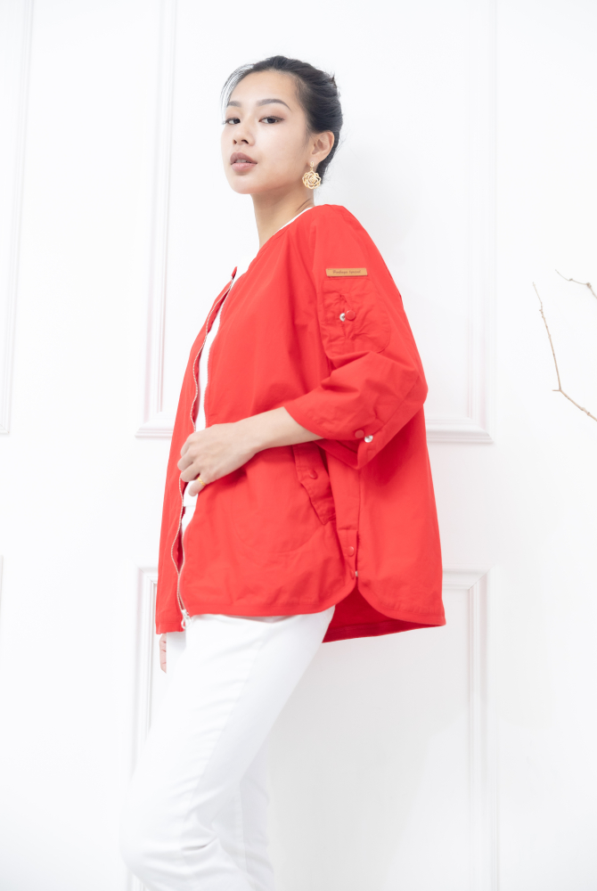 코트 圓環拉鍊皮革標七分袖外套 / 紅色