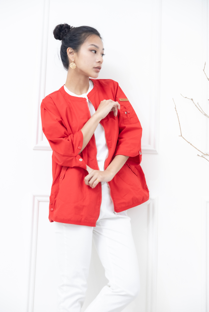 코트 圓環拉鍊皮革標七分袖外套 / 紅色