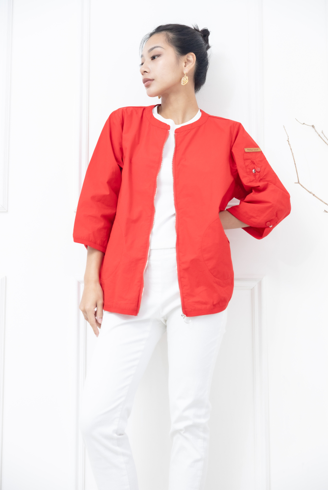 코트 圓環拉鍊皮革標七分袖外套 / 紅色