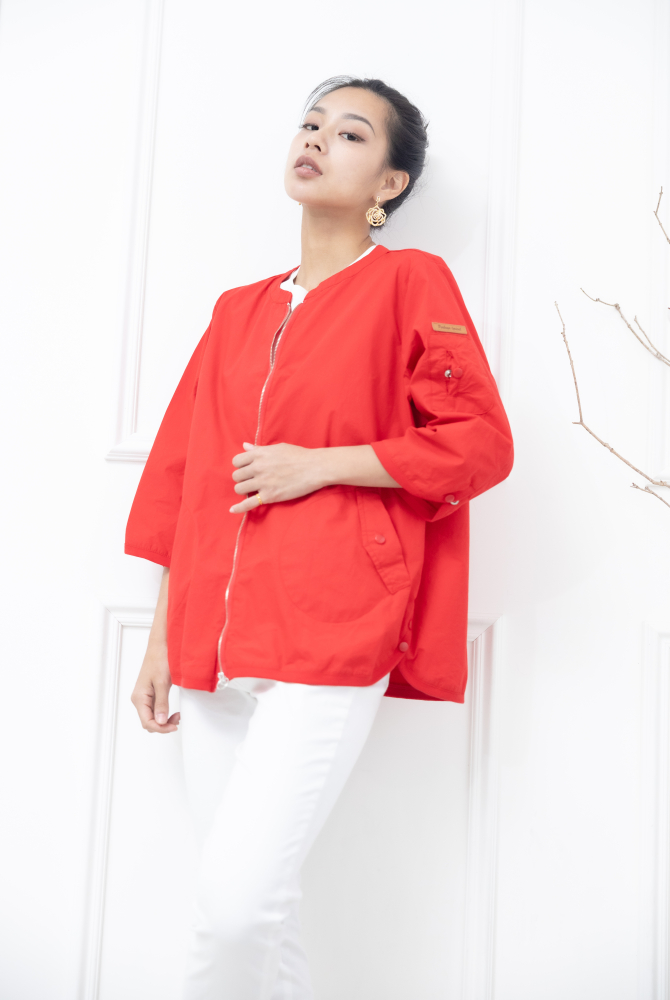 코트 圓環拉鍊皮革標七分袖外套 / 紅色