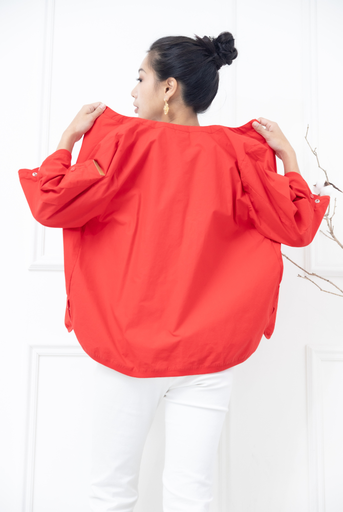 코트 圓環拉鍊皮革標七分袖外套 / 紅色