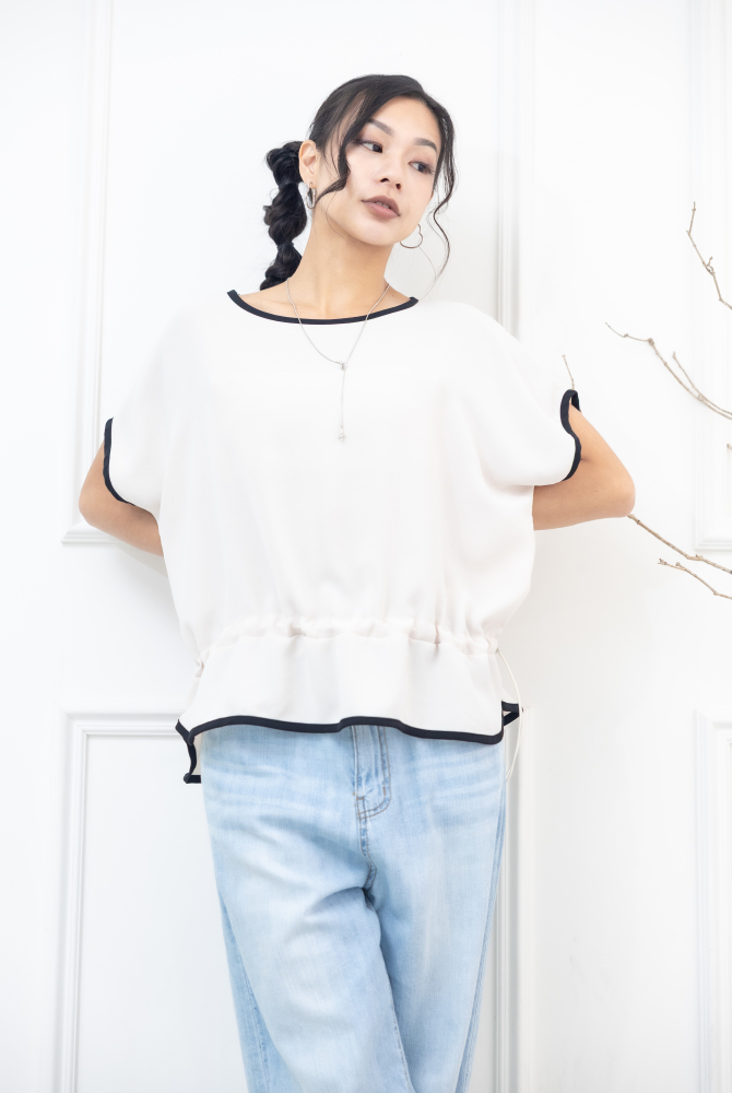 반팔 黑邊氣質拼接上衣 / 米色