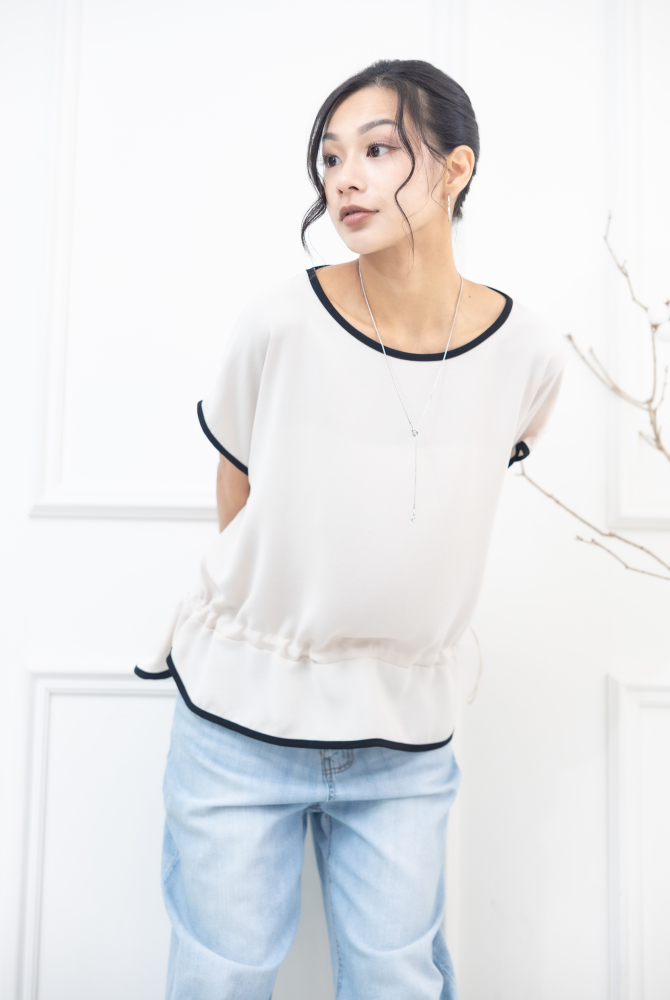 반팔 黑邊氣質拼接上衣 / 米色