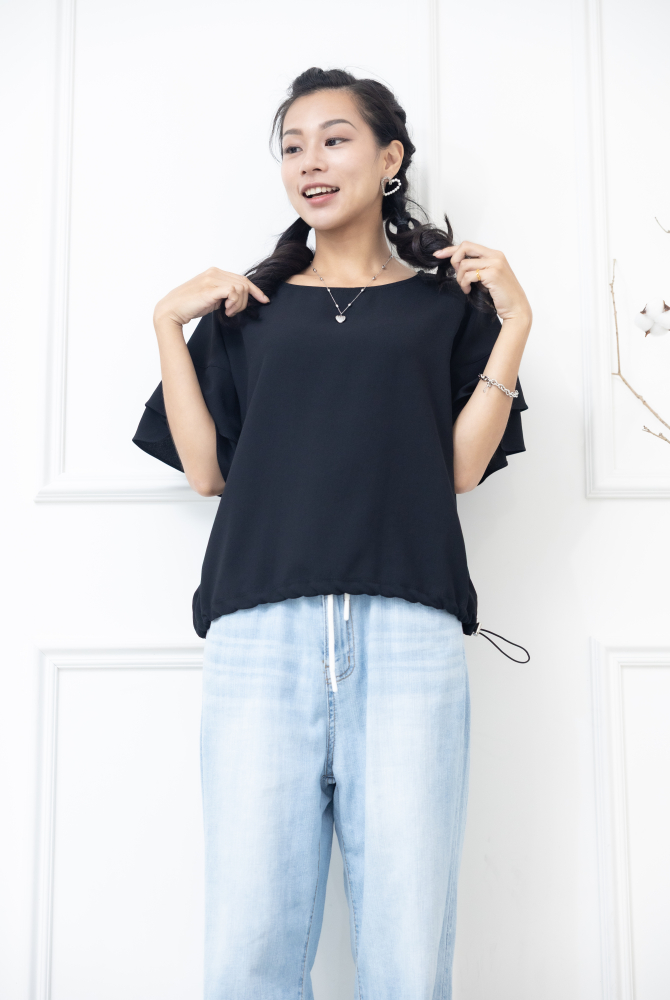 반팔荷葉袖素T上衣/ 黑色
