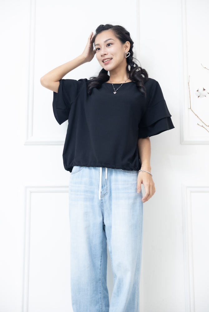 반팔荷葉袖素T上衣/ 黑色