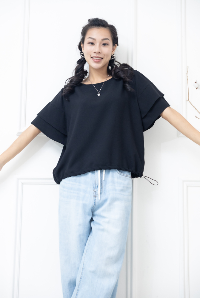 반팔荷葉袖素T上衣/ 黑色