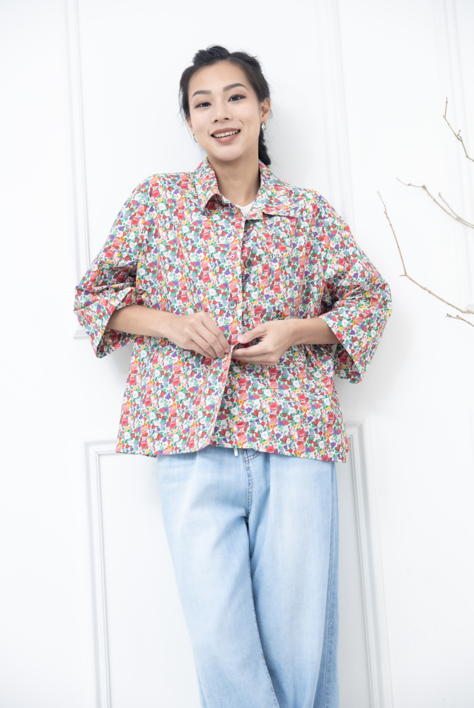 반팔 多彩花繪襯衫/ 紅色