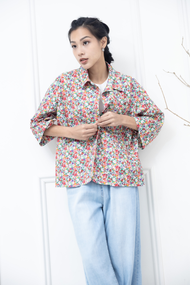 반팔 多彩花繪襯衫/ 紅色