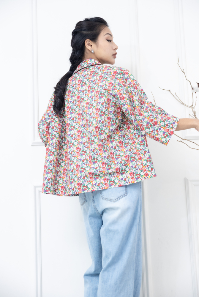 반팔 多彩花繪襯衫/ 紅色