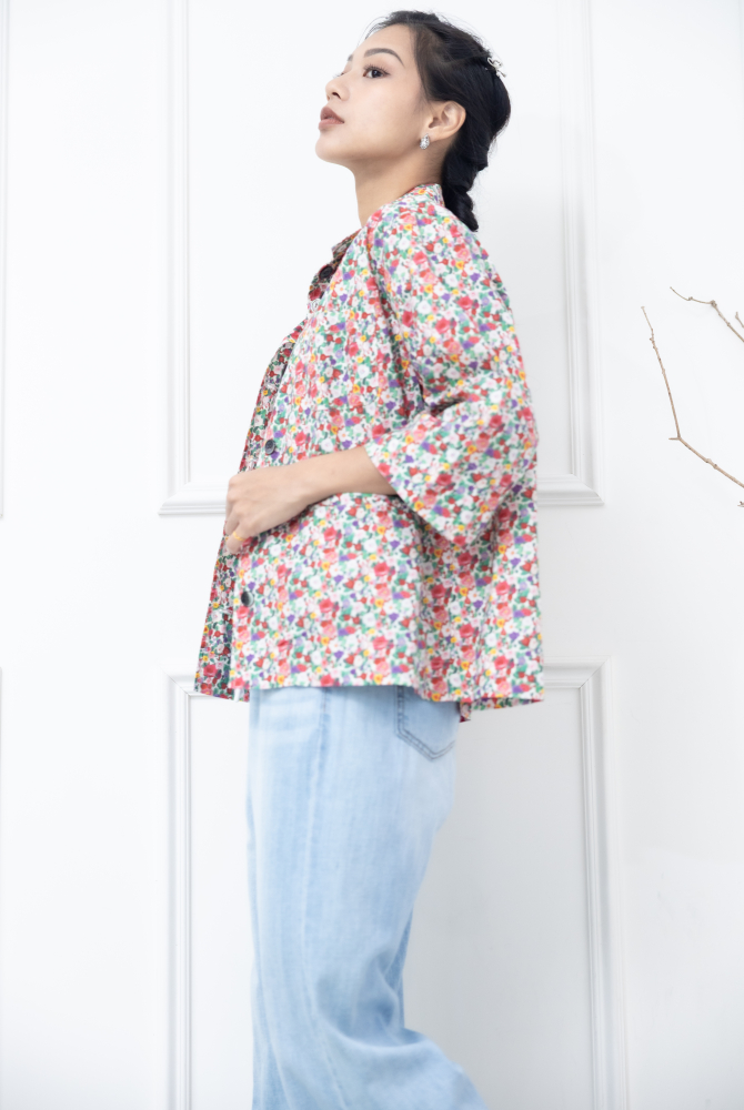 반팔 多彩花繪襯衫/ 紅色