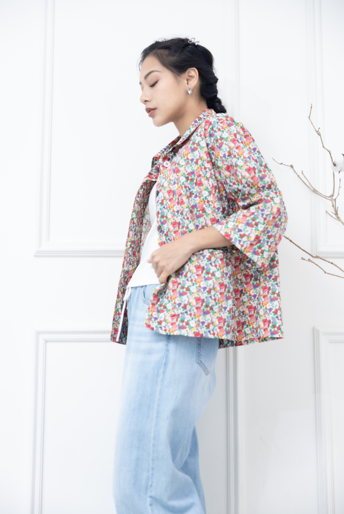 반팔 多彩花繪襯衫/ 紅色