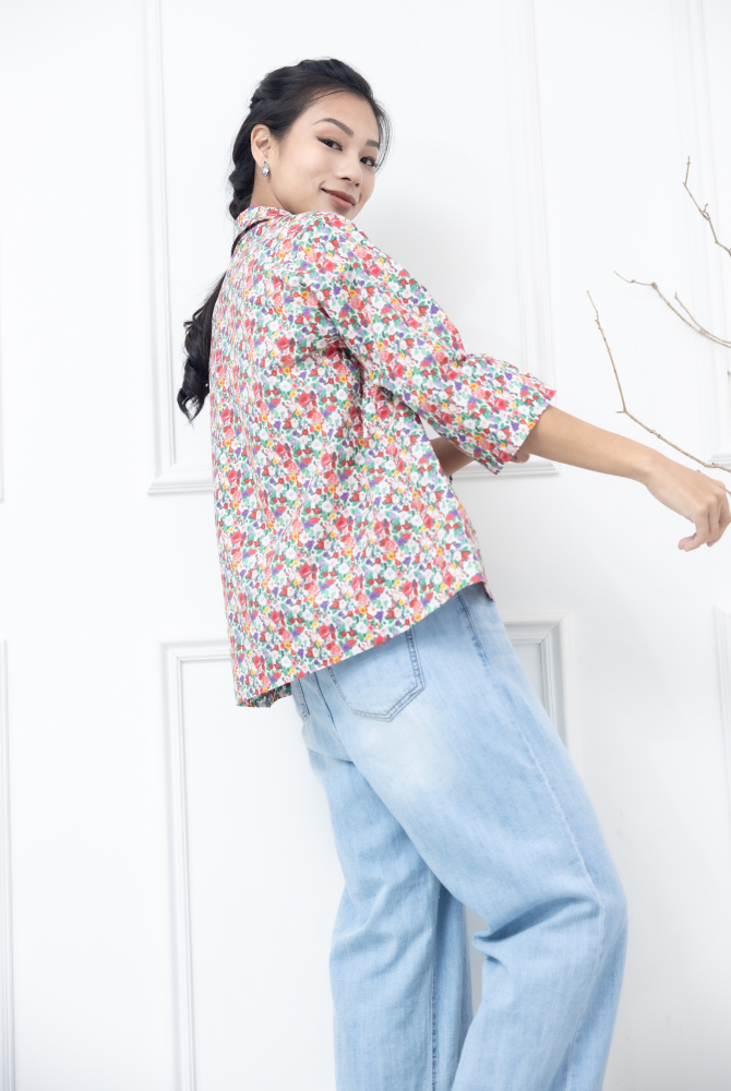 반팔 多彩花繪襯衫/ 紅色