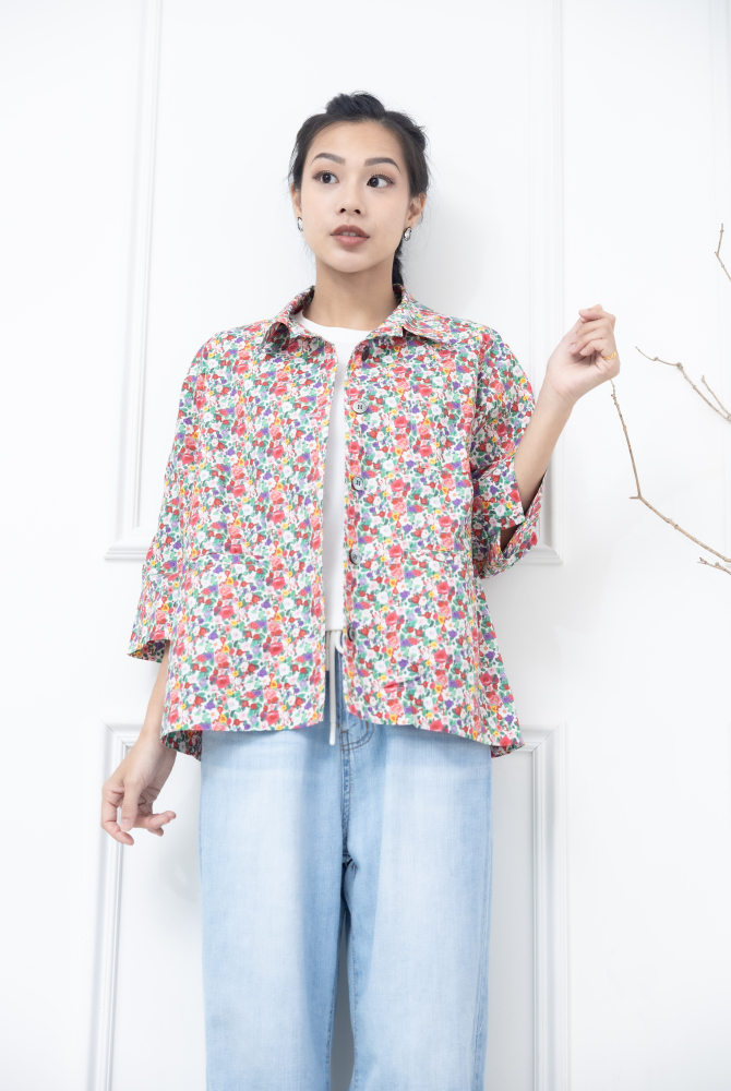 반팔 多彩花繪襯衫/ 紅色