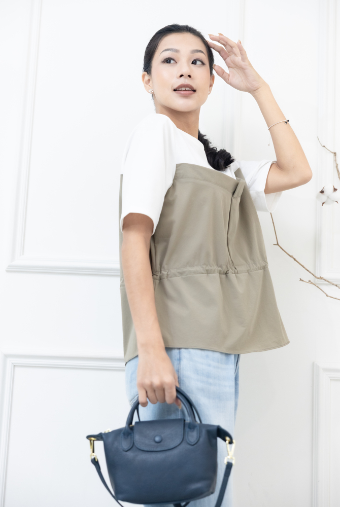 반팔白拼卡其抽繩上衣/ 卡其色