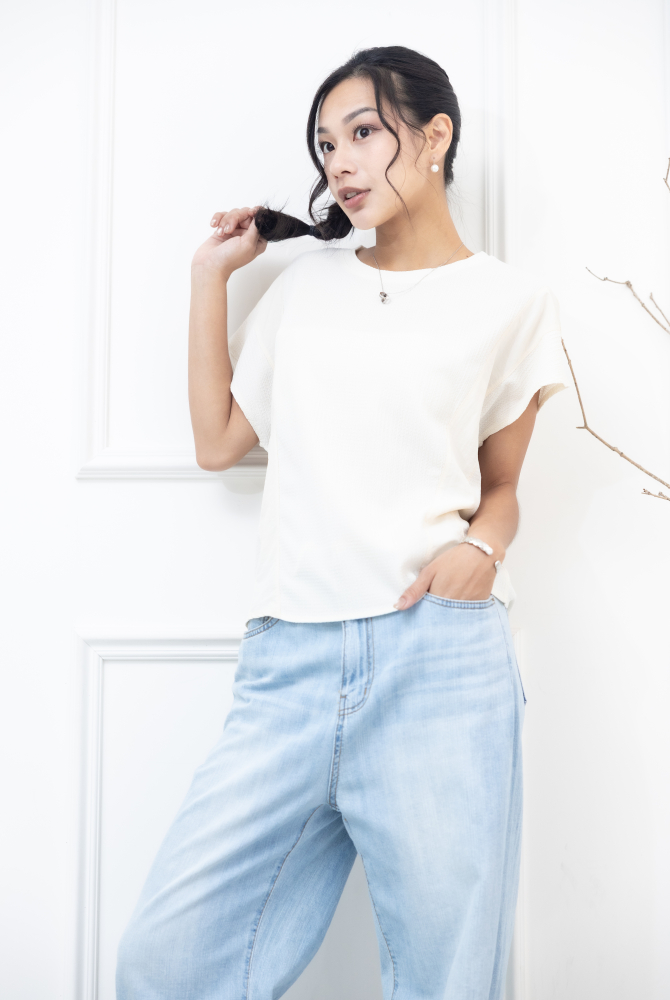 반팔 米色壓紋拼接小蓋袖上衣/ 米色