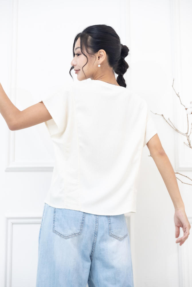 반팔 米色壓紋拼接小蓋袖上衣/ 米色