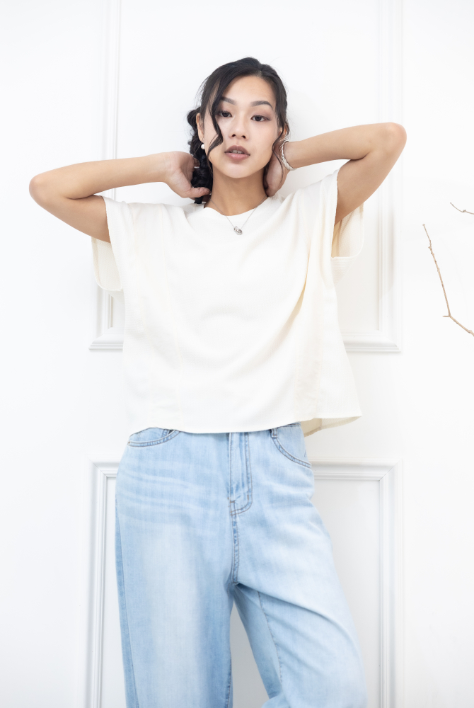 반팔 米色壓紋拼接小蓋袖上衣/ 米色