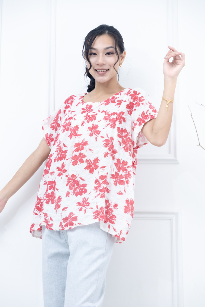 반팔 紅花紋皺摺棉麻上衣 / 米色