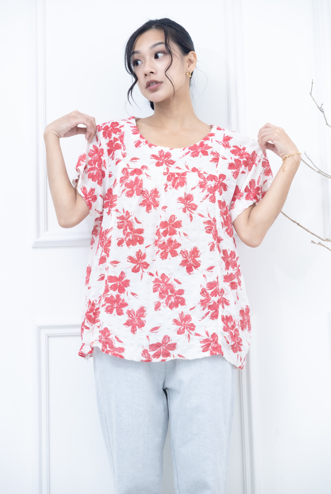 반팔 紅花紋皺摺棉麻上衣 / 米色