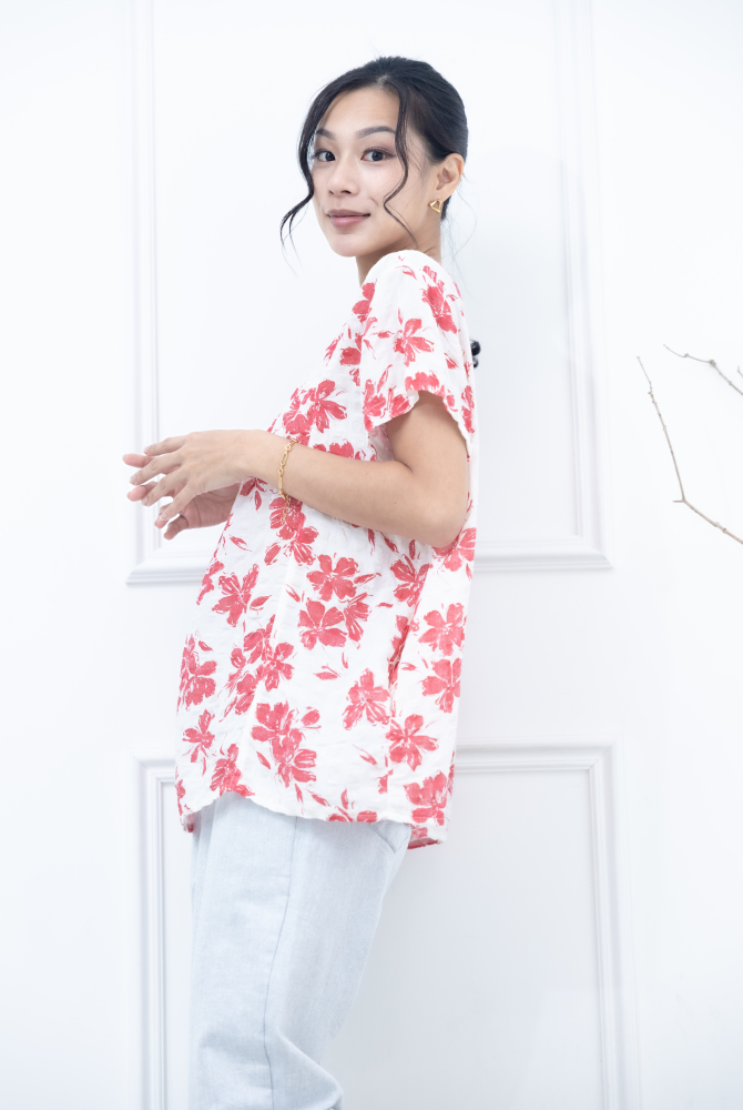 반팔 紅花紋皺摺棉麻上衣 / 米色