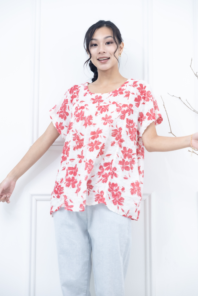 반팔 紅花紋皺摺棉麻上衣 / 米色