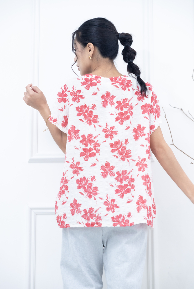 반팔 紅花紋皺摺棉麻上衣 / 米色