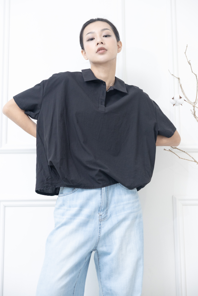 반팔 翻領半開襟衫/ 黑色