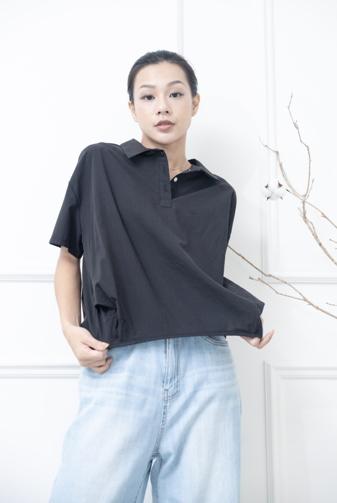 반팔 翻領半開襟衫/ 黑色