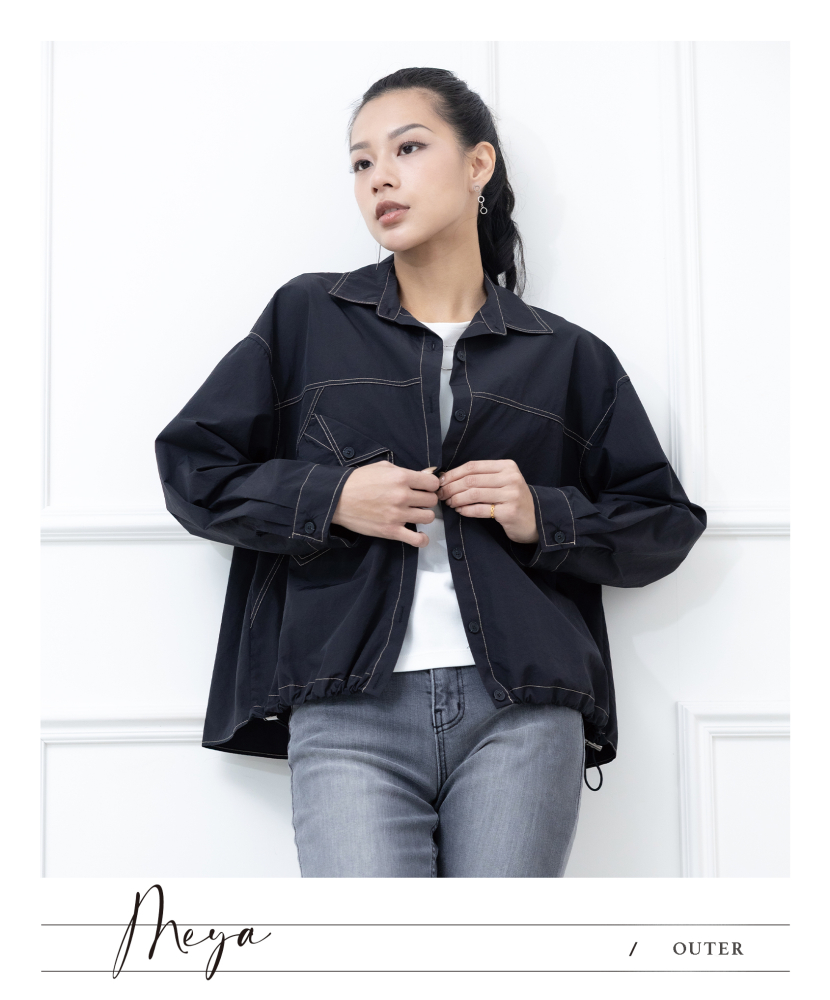 반팔 反車線立領罩衫  / 黑色